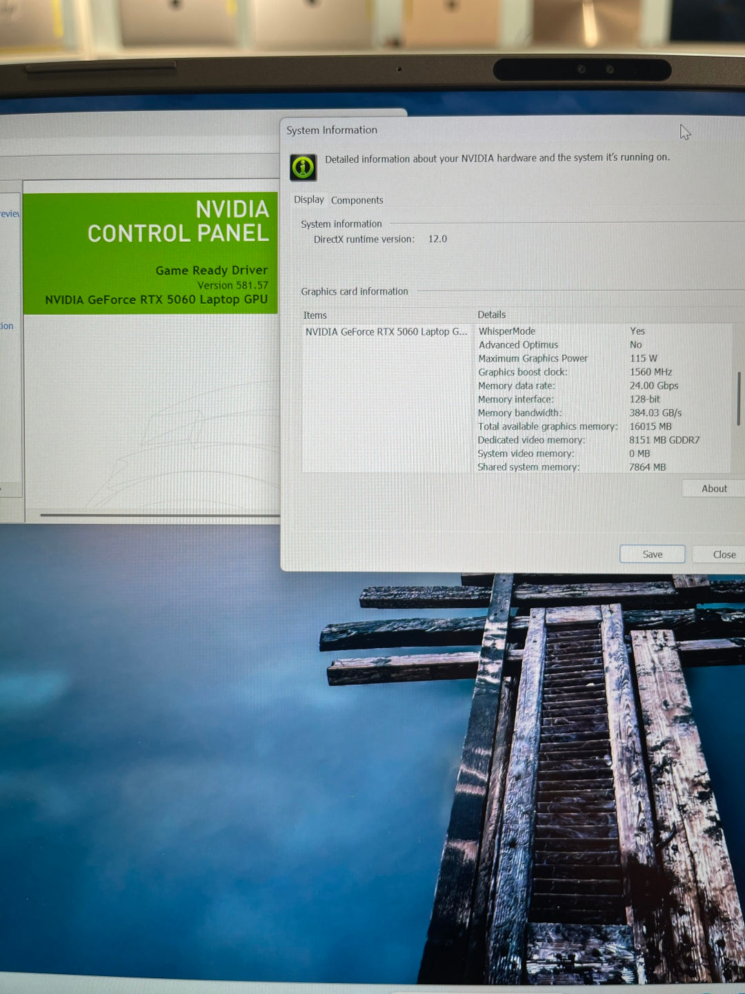 NVIDIA Control Panel confirming RTX 5060 Laptop GPU with 8GB GDDR7 dedicated video memory