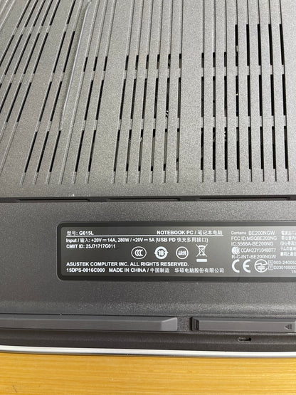 Close-up of the ASUS ROG Strix G16 model label reading G615L with 280W power input rating